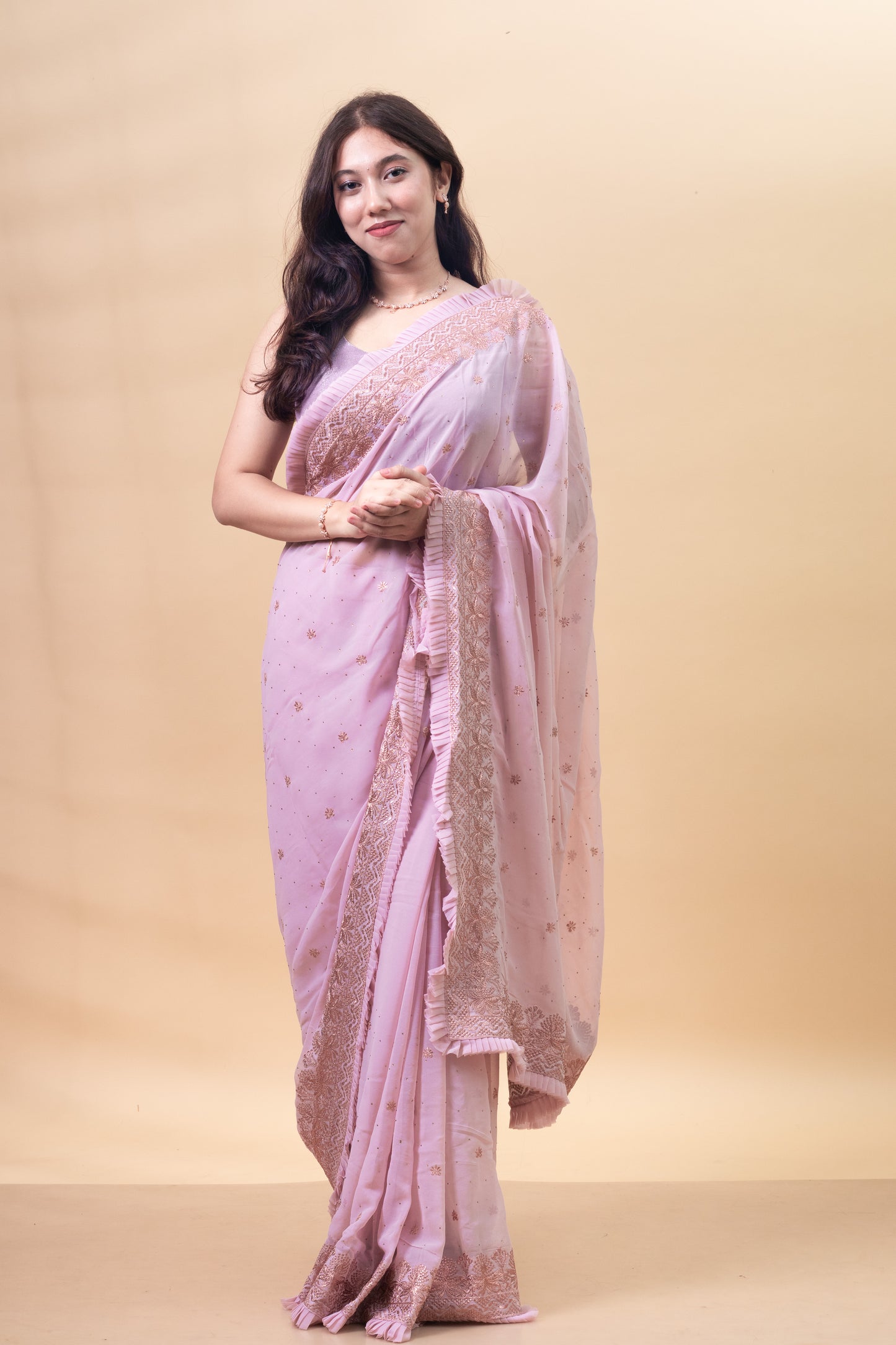Candlelight Peach Floral Embroidered Georgette Saree with Blouse Piece