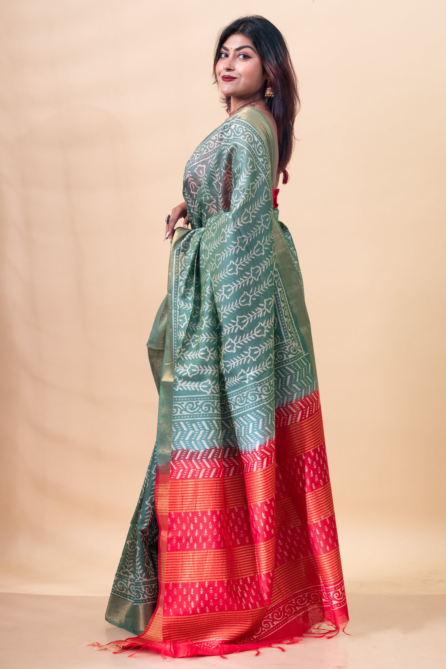 Green & Red Block Printed Chanderi Silk Saree with Blouse Piece