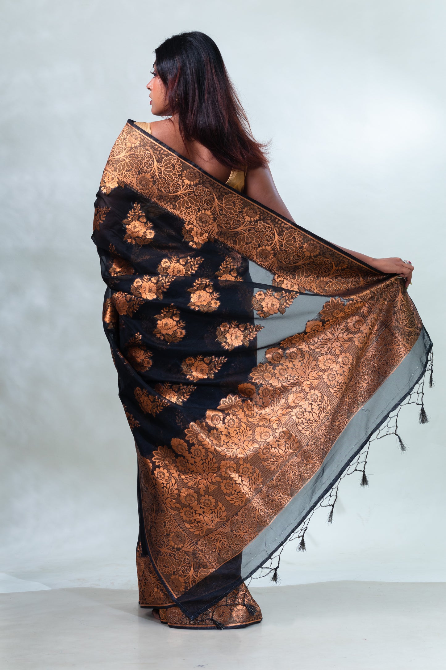 Black Fancy Organza Silk Saree with Blouse Piece