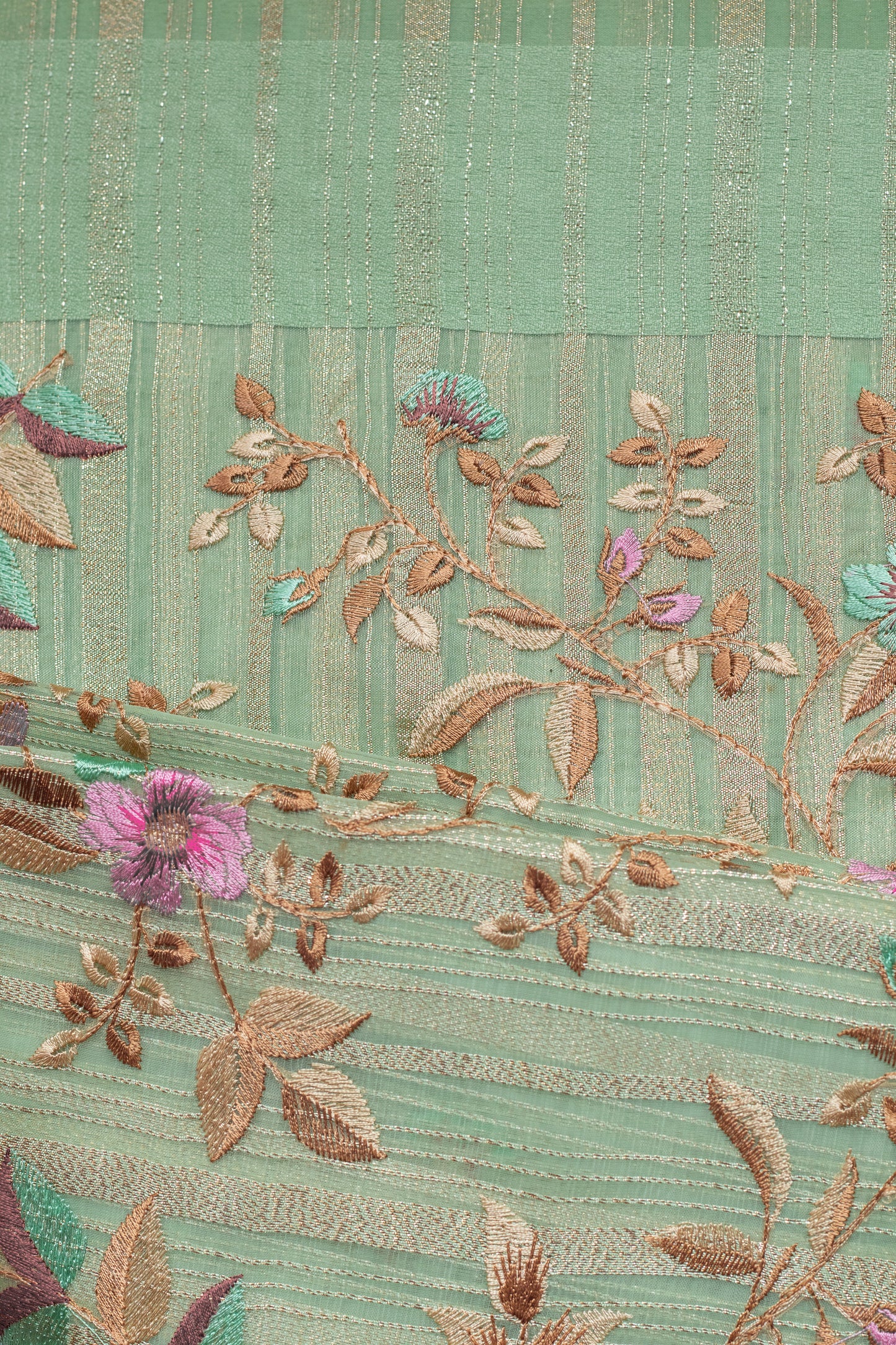 Star Trail Green Floral Embroidered Light Organza Silk Saree with Blouse Piece