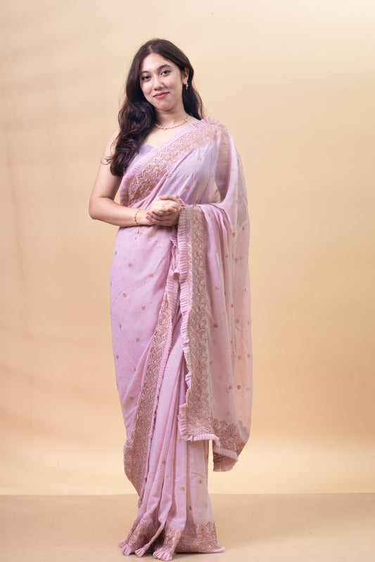 Candlelight Peach Floral Embroidered Georgette Saree with Blouse Piece