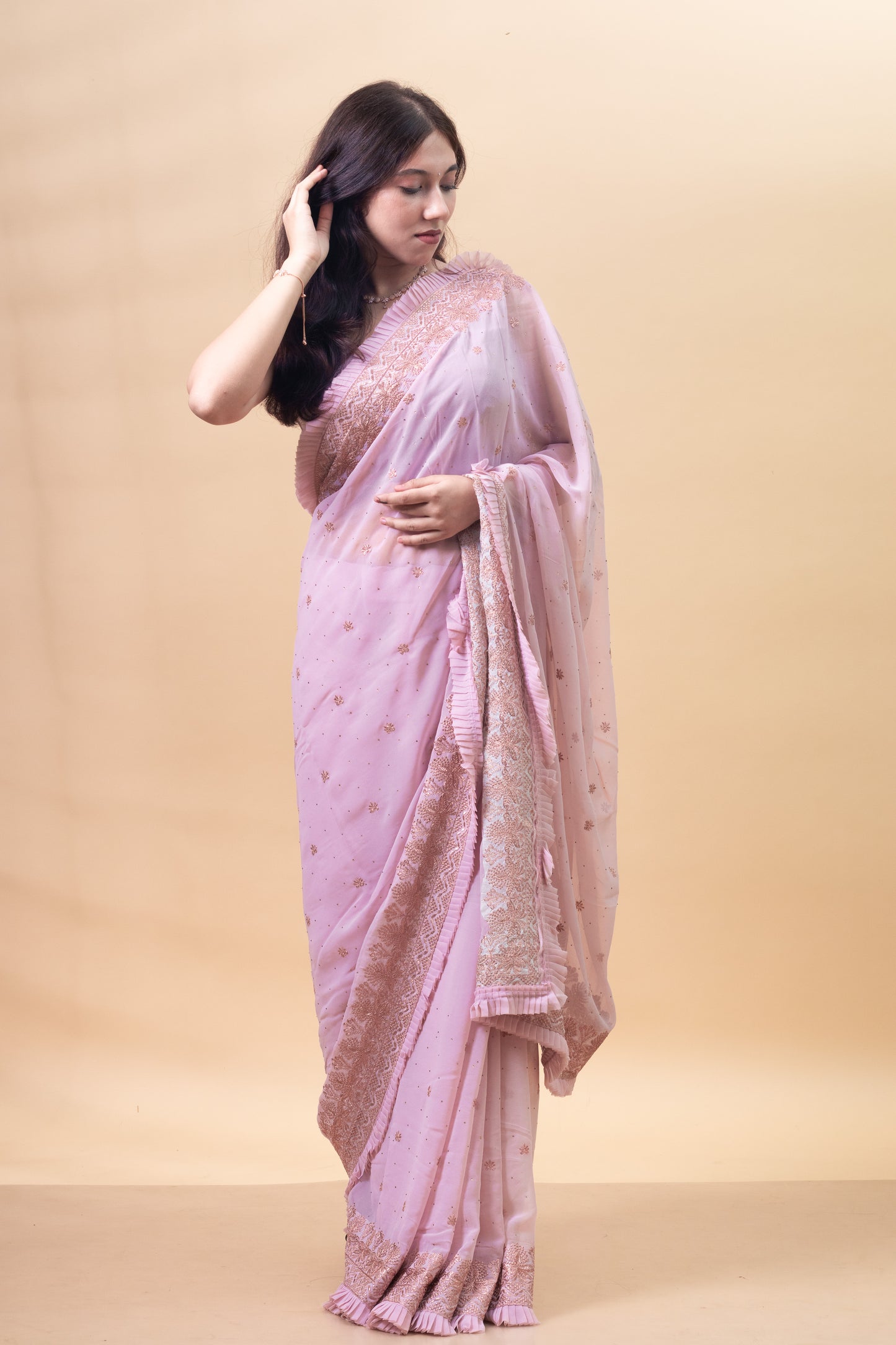 Candlelight Peach Floral Embroidered Georgette Saree with Blouse Piece