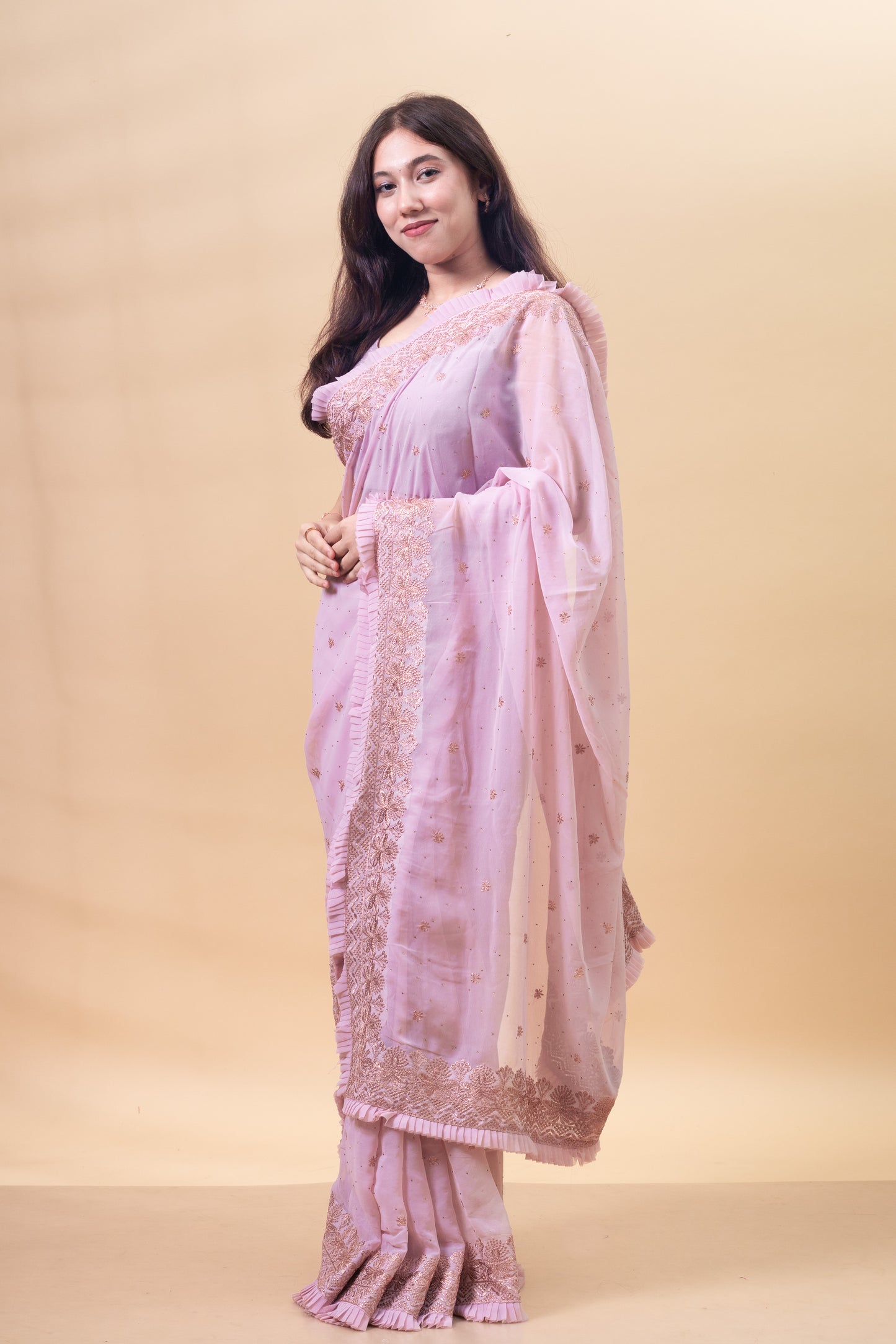 Candlelight Peach Floral Embroidered Georgette Saree with Blouse Piece