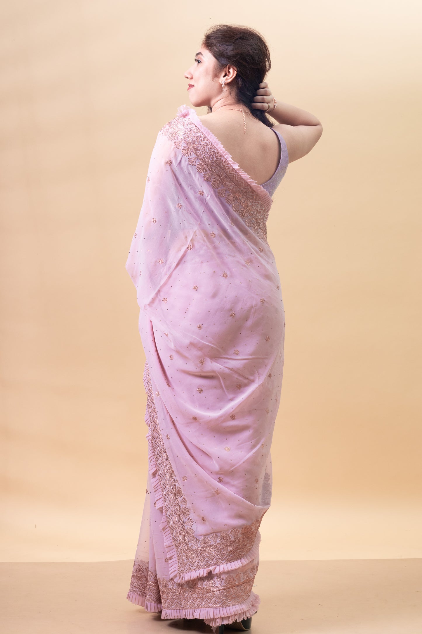 Candlelight Peach Floral Embroidered Georgette Saree with Blouse Piece