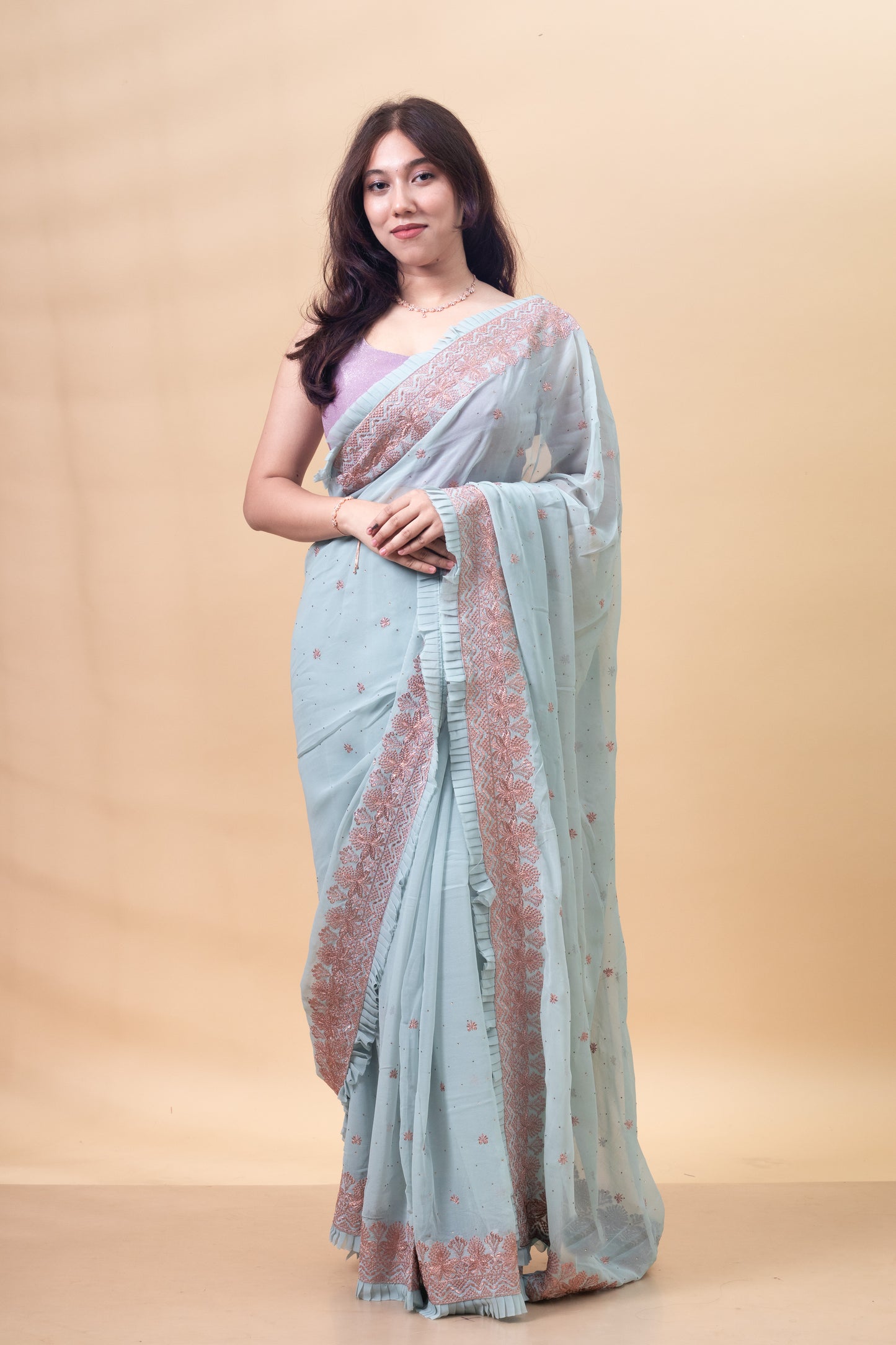 Blizzard Blue Floral Embroidered Georgette Saree with Blouse Piece