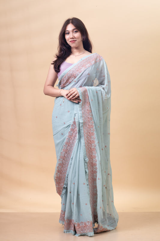 Blizzard Blue Floral Embroidered Georgette Saree with Blouse Piece
