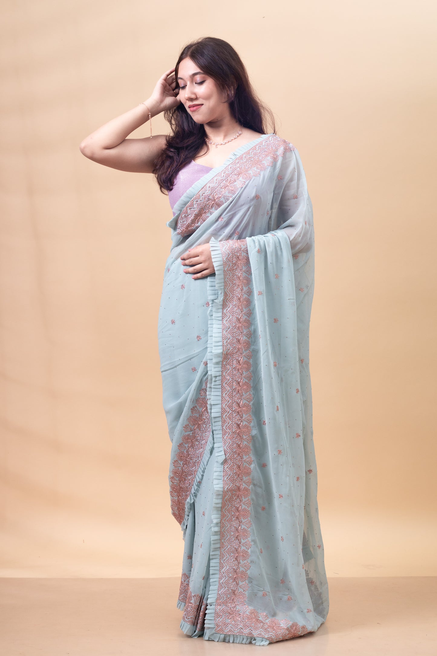 Blizzard Blue Floral Embroidered Georgette Saree with Blouse Piece
