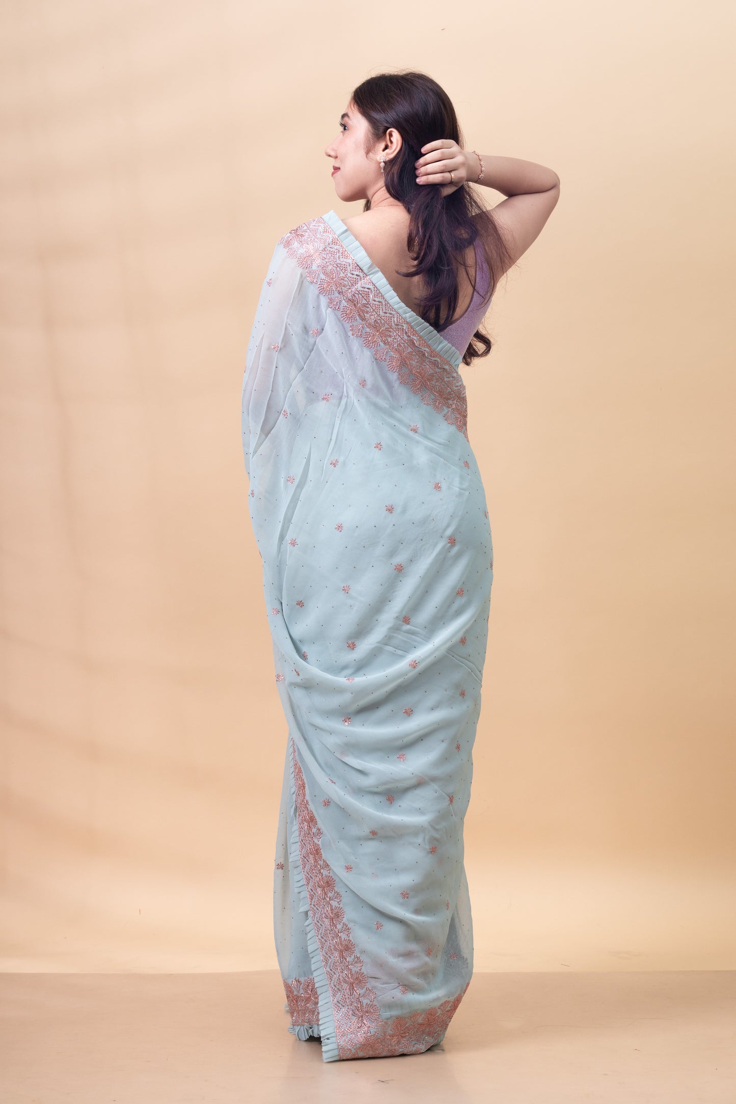 Blizzard Blue Floral Embroidered Georgette Saree with Blouse Piece