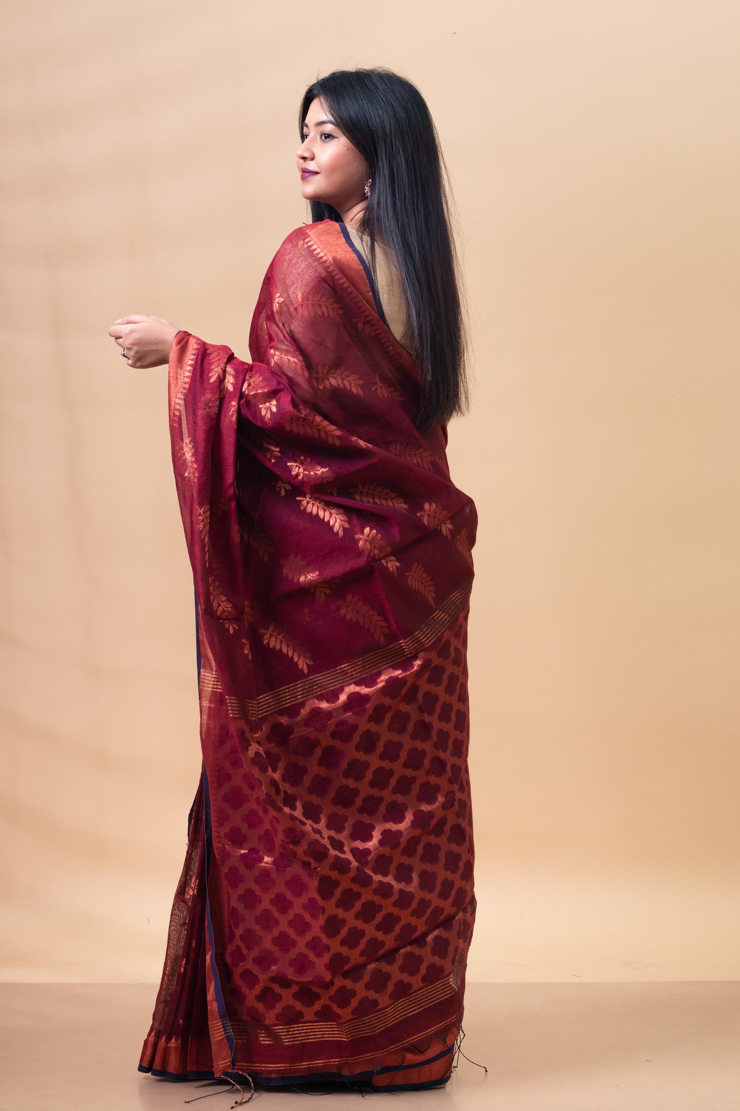 Copper Pure Cotton Handloom Saree with Blouse Piece