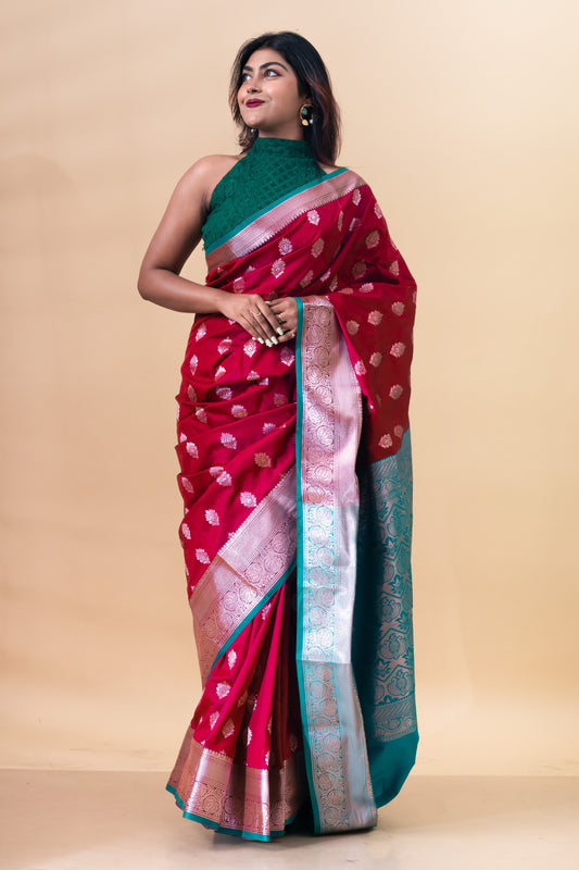 Maroon & Blue South Silk Saree with Blouse Piece