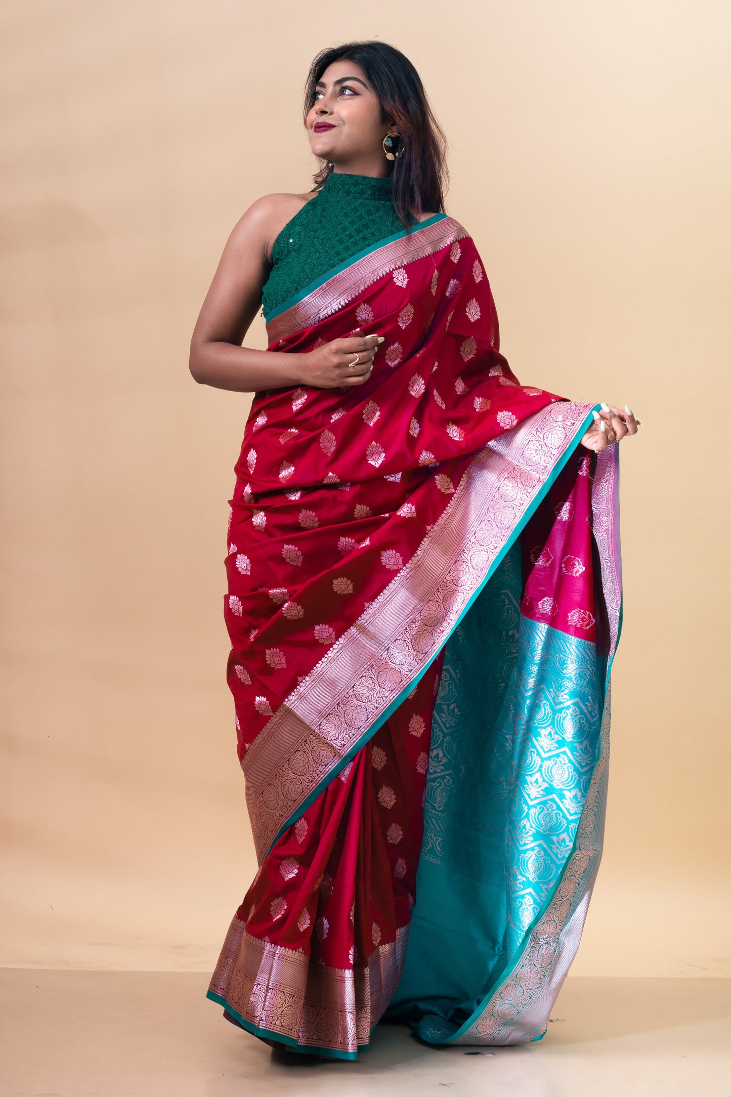 Maroon & Blue South Silk Saree with Blouse Piece
