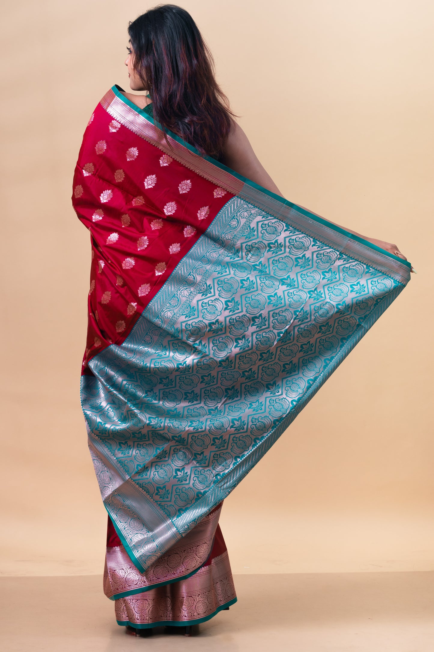 Maroon & Blue South Silk Saree with Blouse Piece