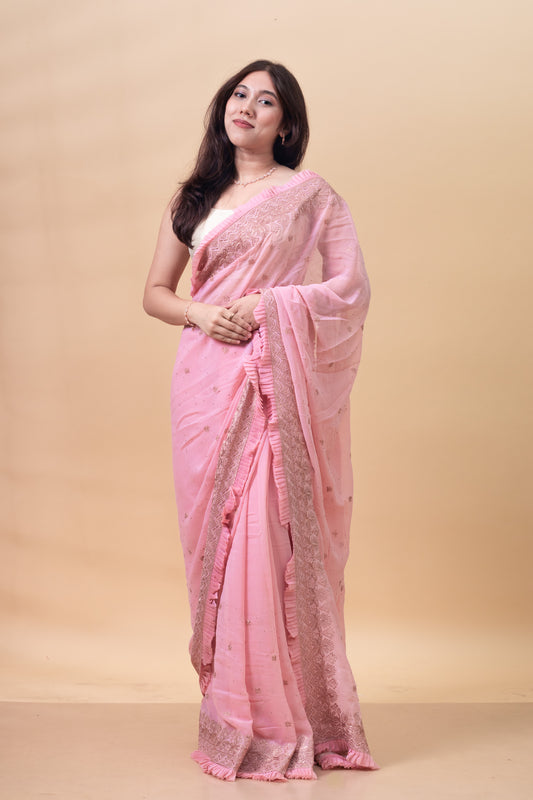 Nectarine Floral Embroidered Georgette Saree with Blouse Piece