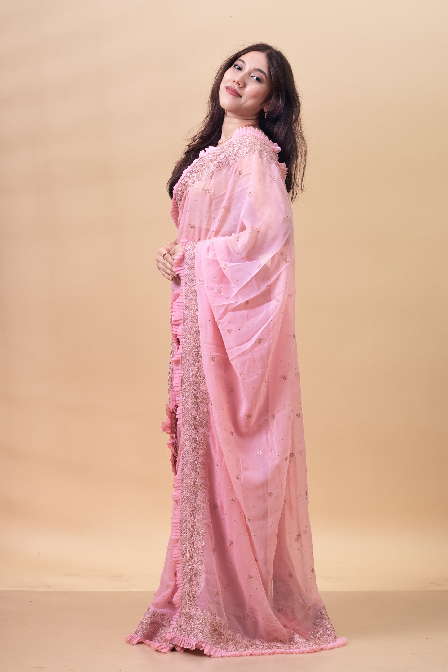 Nectarine Floral Embroidered Georgette Saree with Blouse Piece