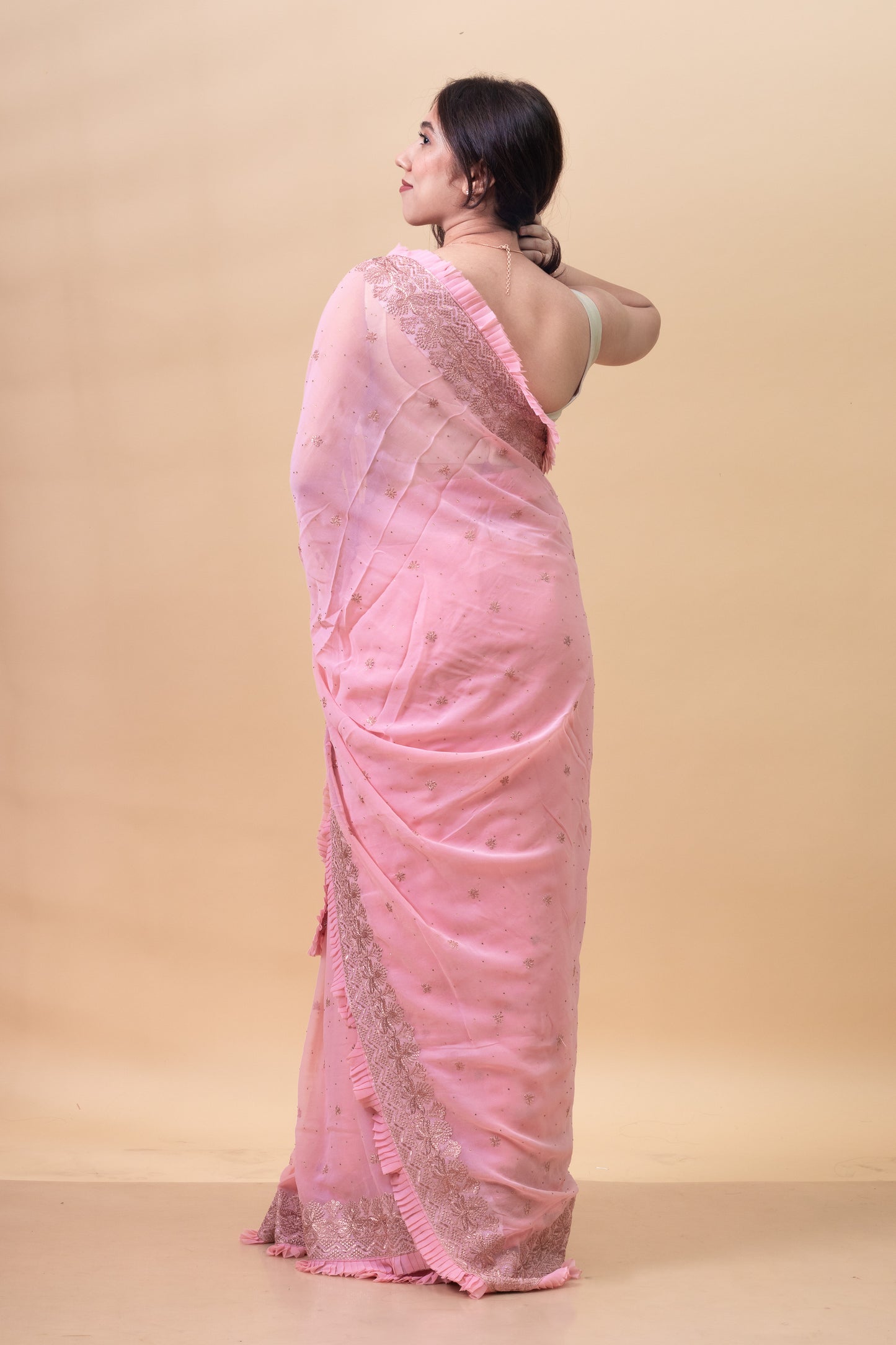 Nectarine Floral Embroidered Georgette Saree with Blouse Piece