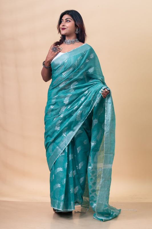 Dark Green & Silver Pure Cotton Handloom Saree with Blouse Piece