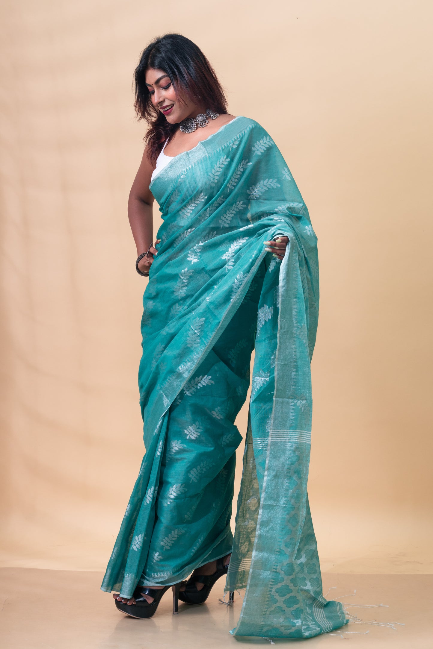 Dark Green & Silver Pure Cotton Handloom Saree with Blouse Piece
