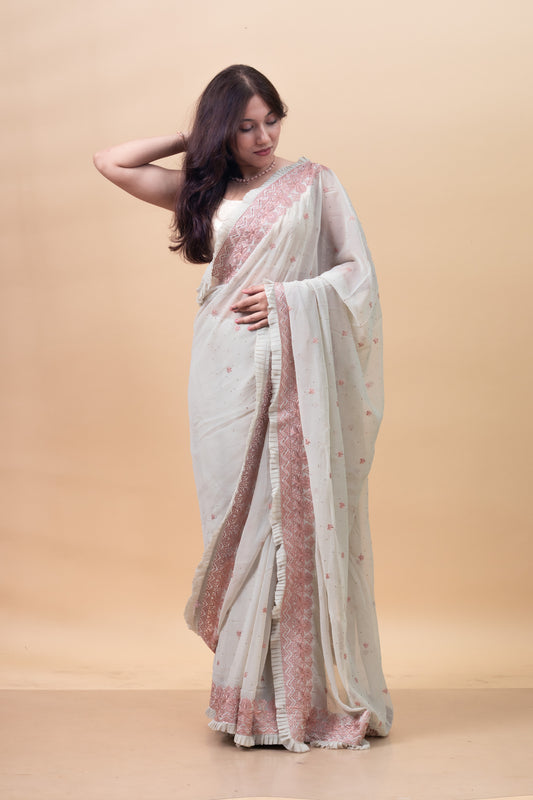 Desert Sage Green Floral Embroidered Georgette Saree with Blouse Piece
