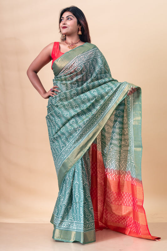 Green & Red Block Printed Chanderi Silk Saree with Blouse Piece