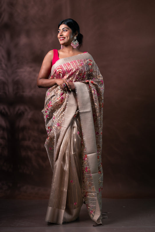 Greyish Golden Floral Embroidered Light Organza Silk Saree with Blouse Piece