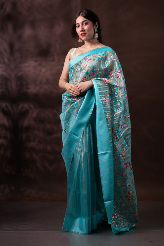 Blue Floral Embroidered Light Organza Silk Saree with Blouse Piece