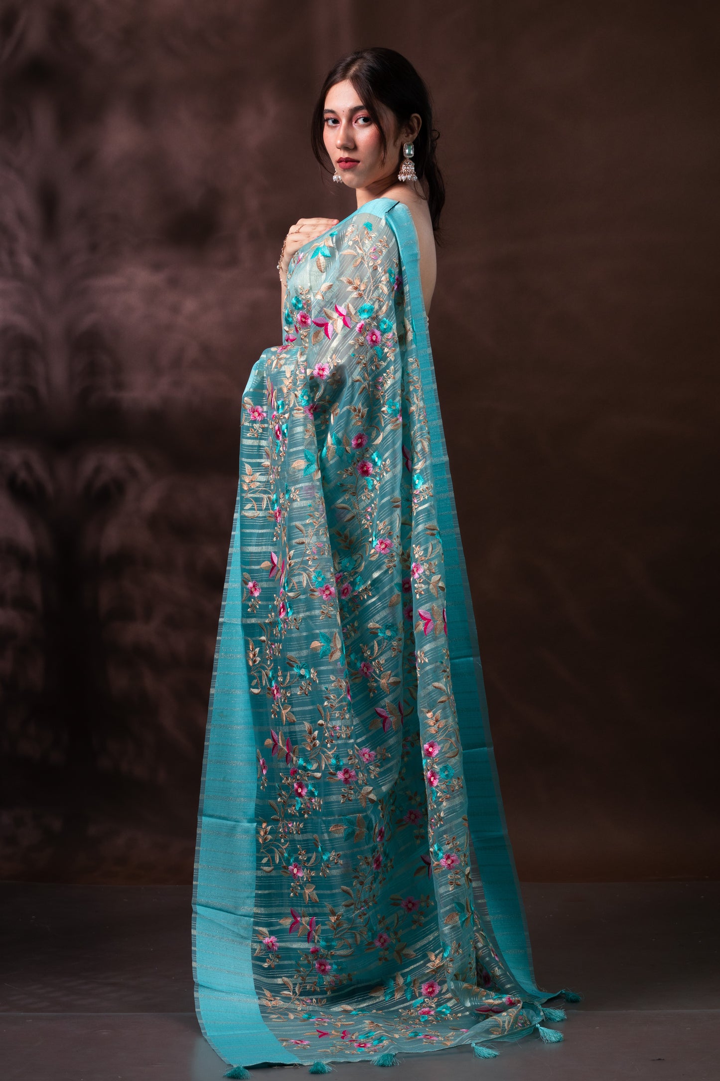 Blue Floral Embroidered Light Organza Silk Saree with Blouse Piece