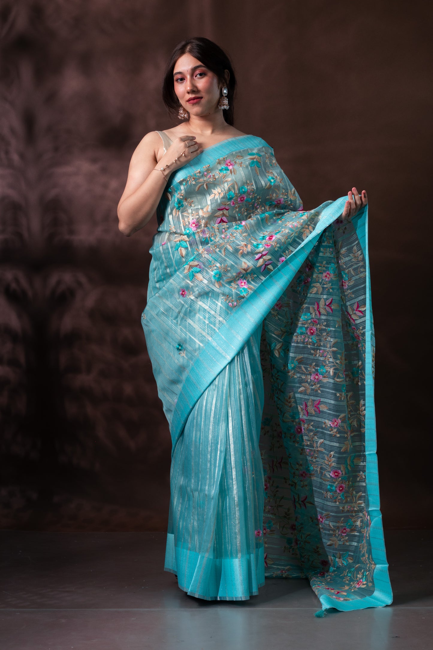 Blue Floral Embroidered Light Organza Silk Saree with Blouse Piece