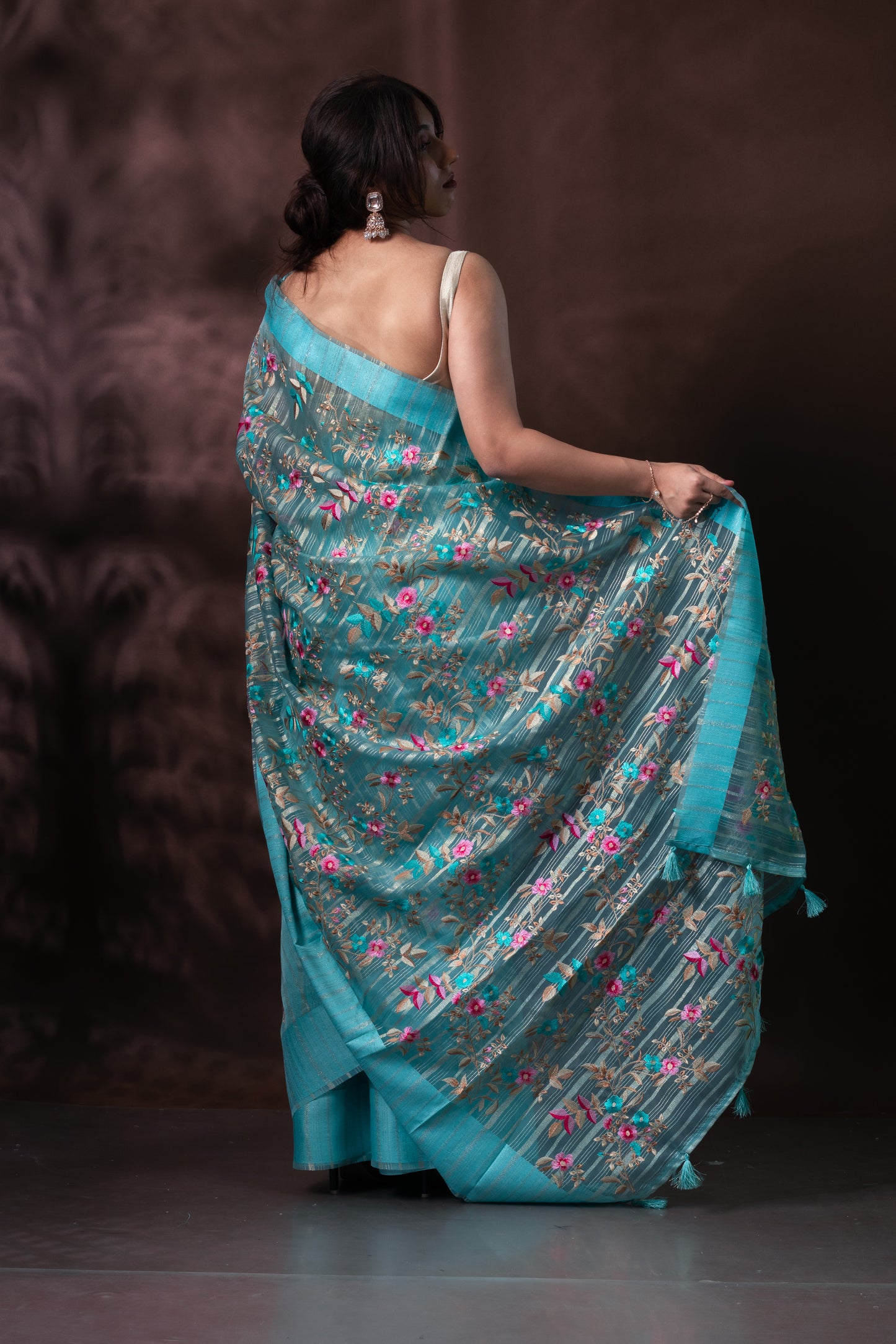 Blue Floral Embroidered Light Organza Silk Saree with Blouse Piece