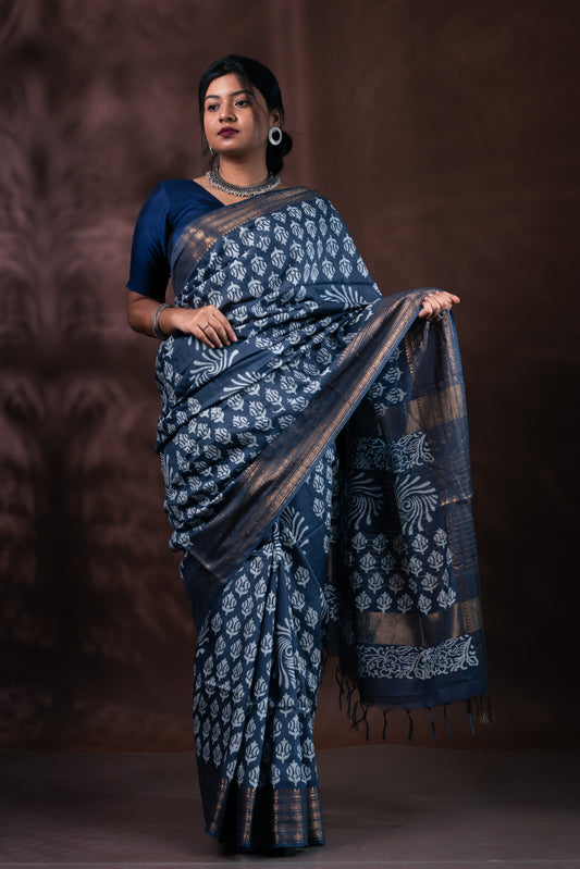 Greyish Blue Linen Chanderi Silk Saree With Blouse piece