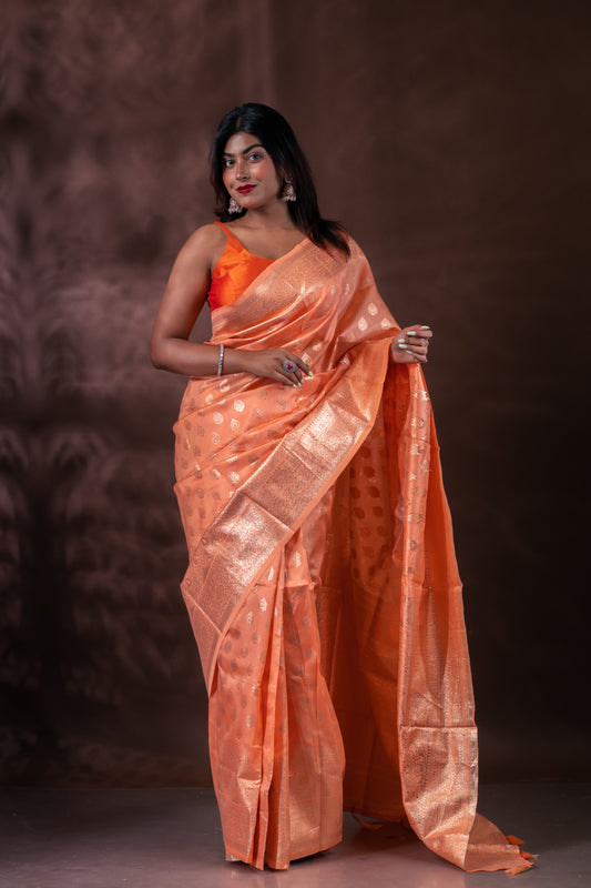 Peach Chanderi Silk Saree with Blouse Piece