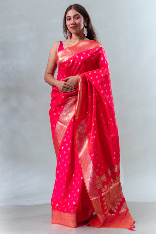 Red Zari Chanderi Silk Saree with Blouse Piece