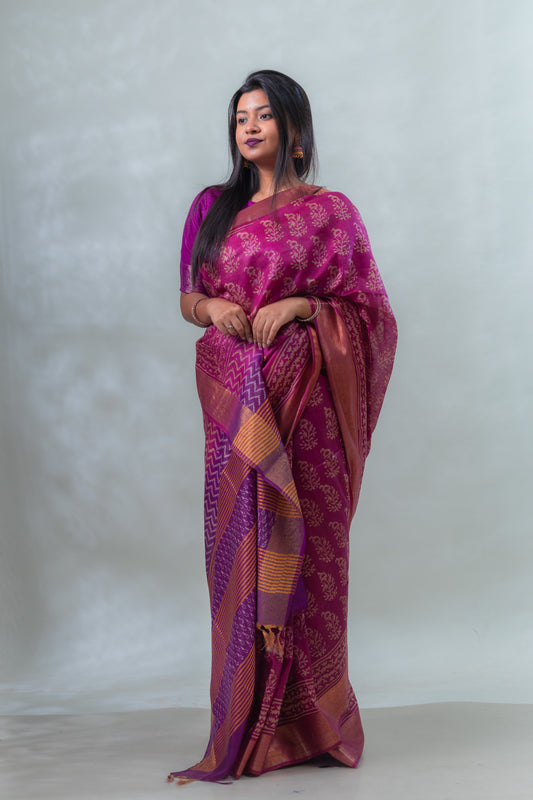 Byzantine Magenta & Purple Block Printed Chanderi Silk Saree with Blouse Piece
