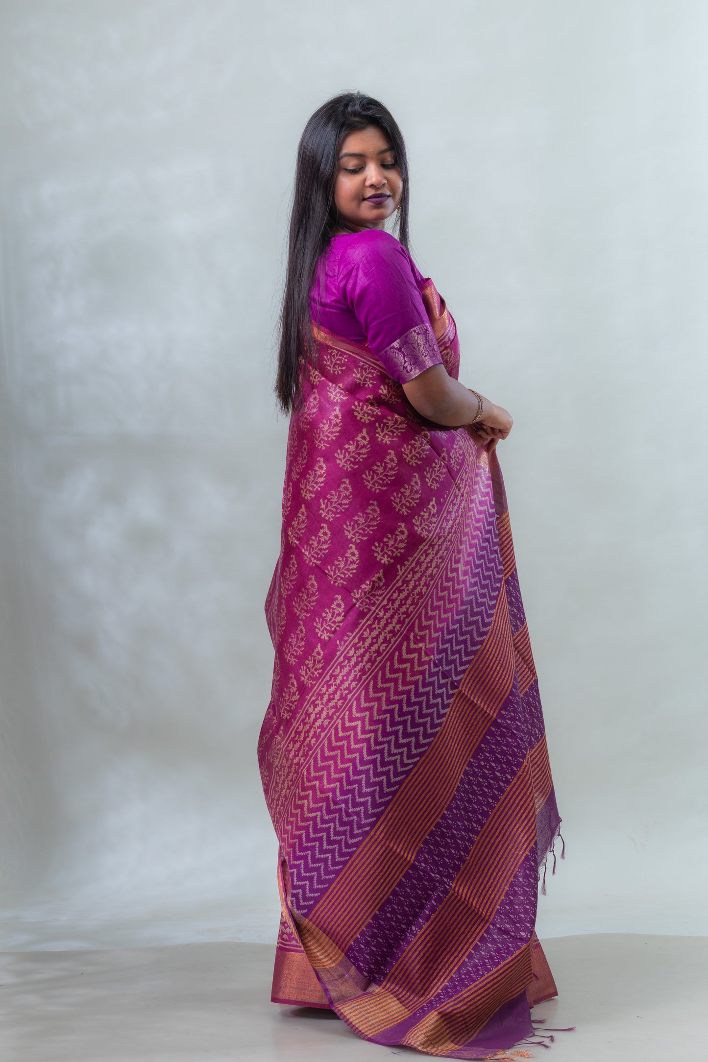 Byzantine Magenta & Purple Block Printed Chanderi Silk Saree with Blouse Piece