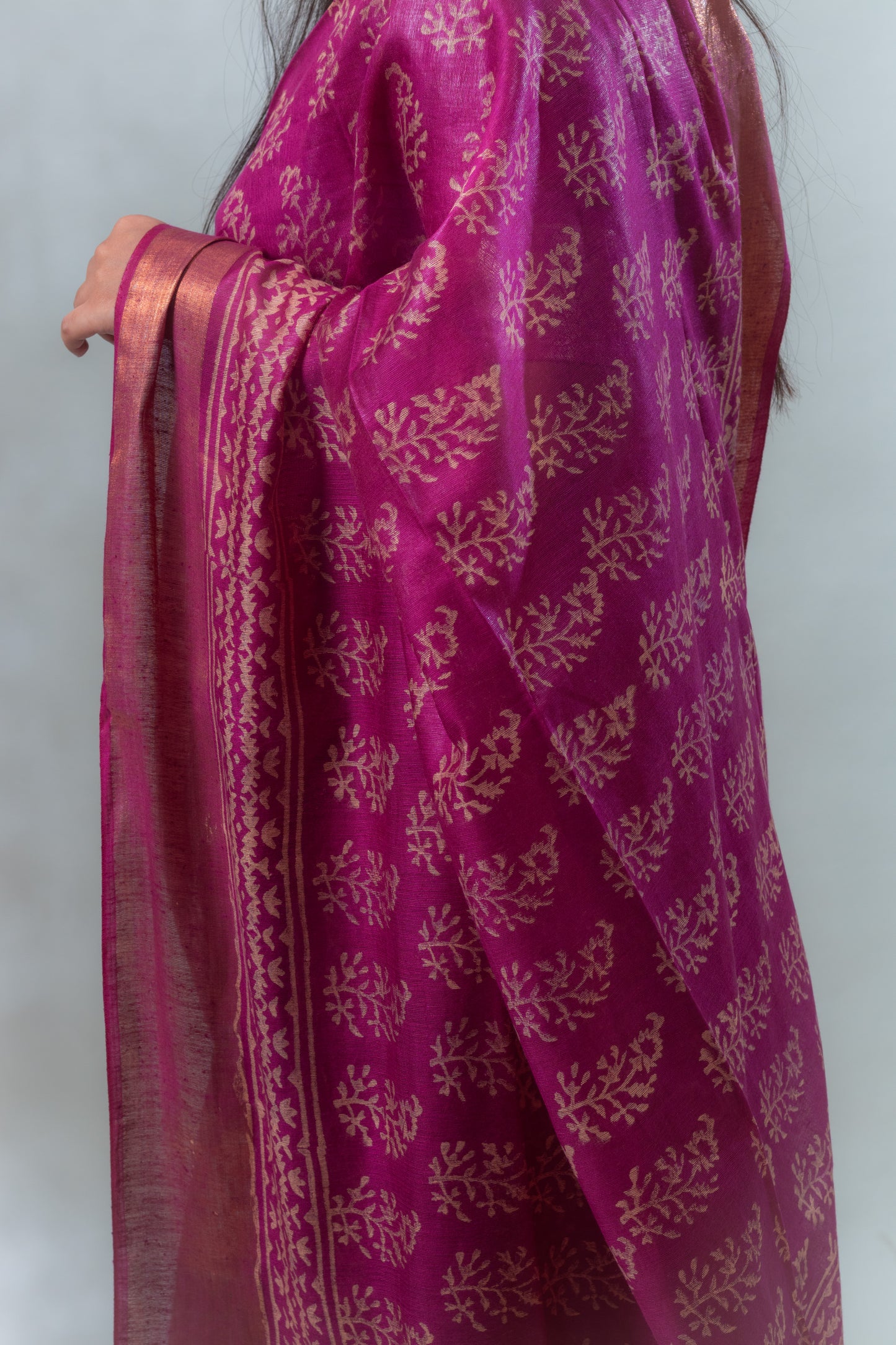 Byzantine Magenta & Purple Block Printed Chanderi Silk Saree with Blouse Piece