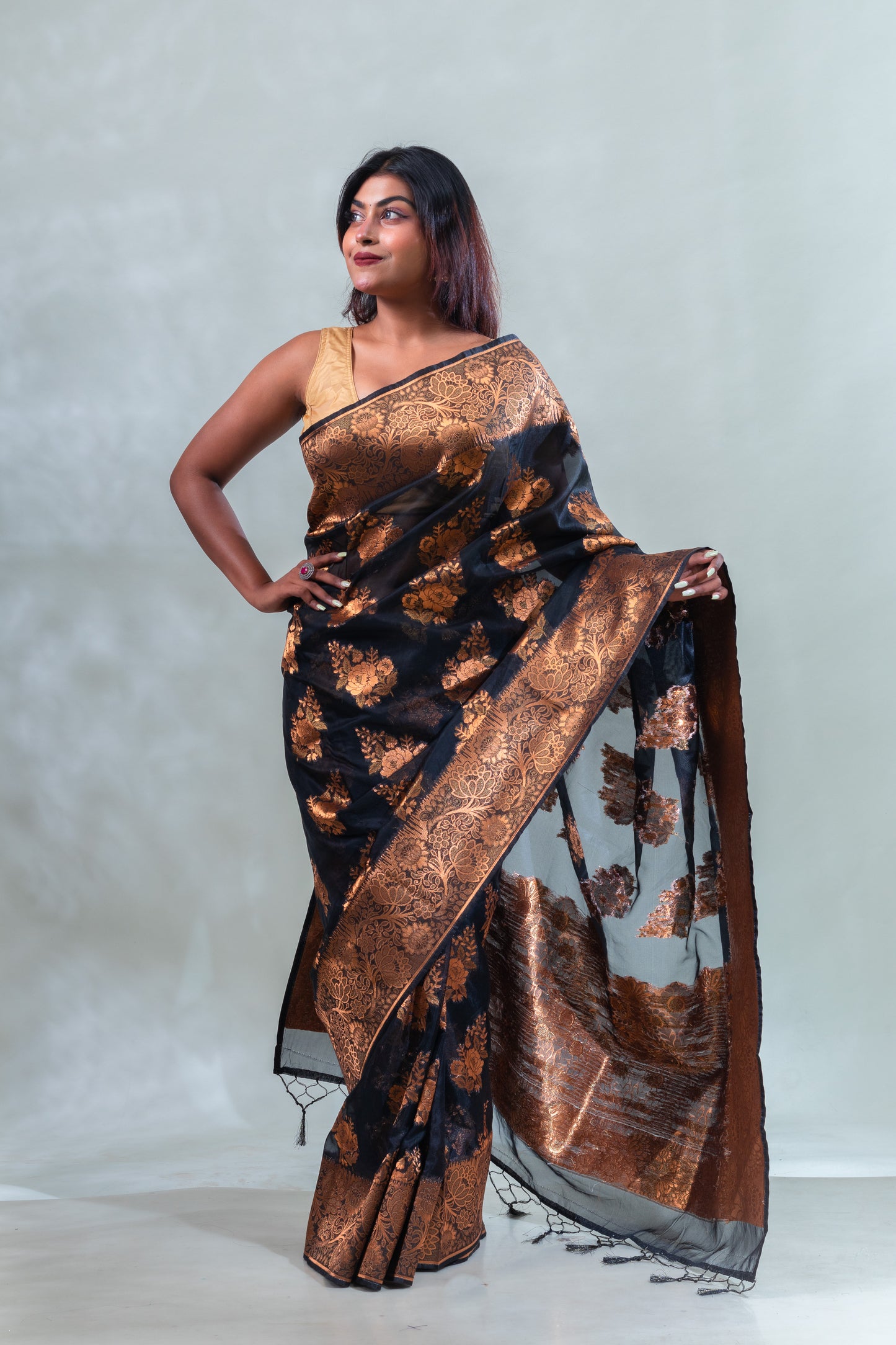 Black Fancy Organza Silk Saree with Blouse Piece
