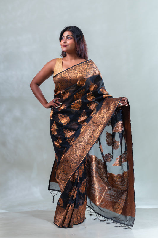 Black Fancy Organza Silk Saree with Blouse Piece