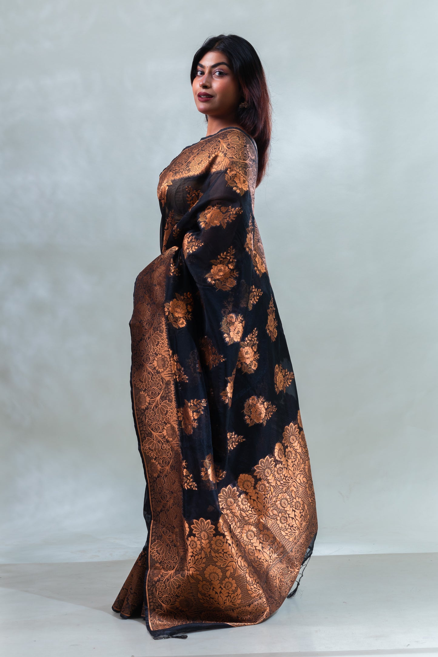 Black Fancy Organza Silk Saree with Blouse Piece