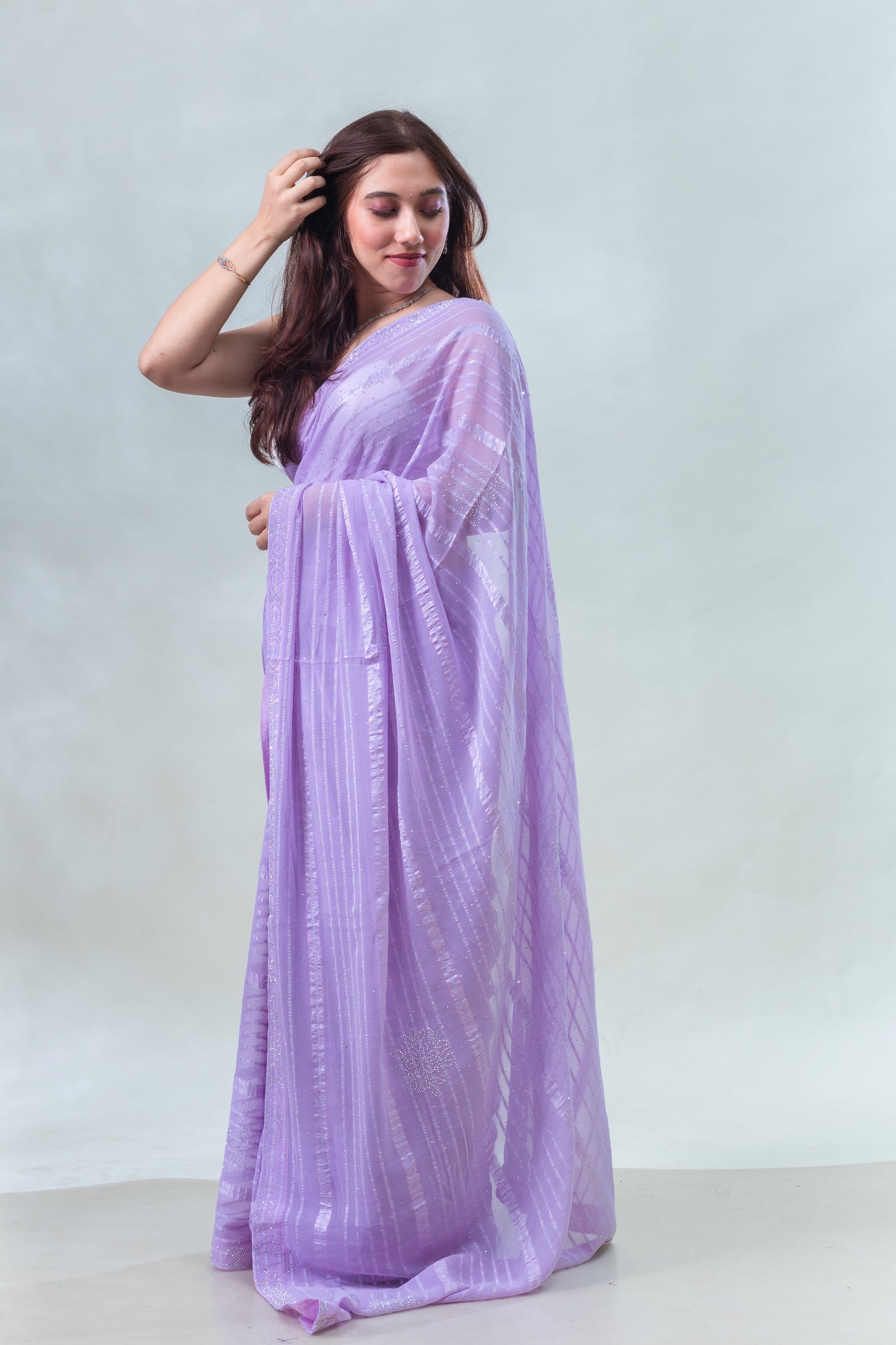 Lavender Stone Embellished Fancy Georgette Saree with Blouse Piece