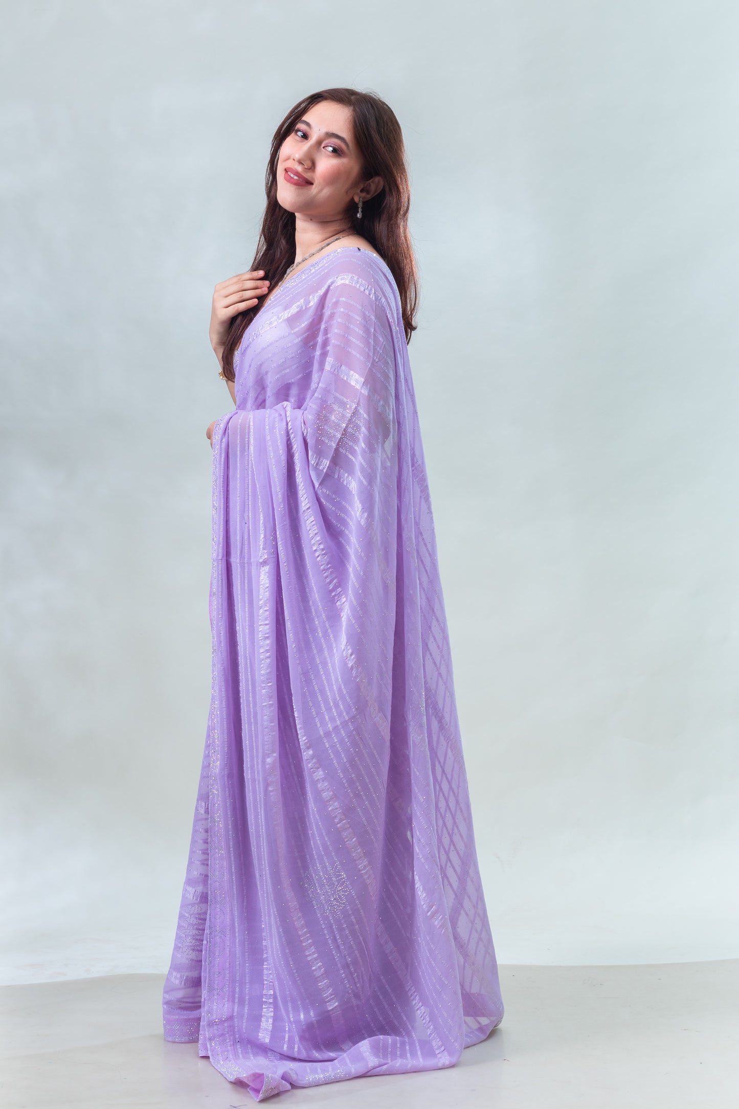 Lavender Stone Embellished Fancy Georgette Saree with Blouse Piece