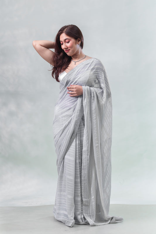 Cloud Grey Stone Embellished Fancy Georgette Saree with Blouse Piece