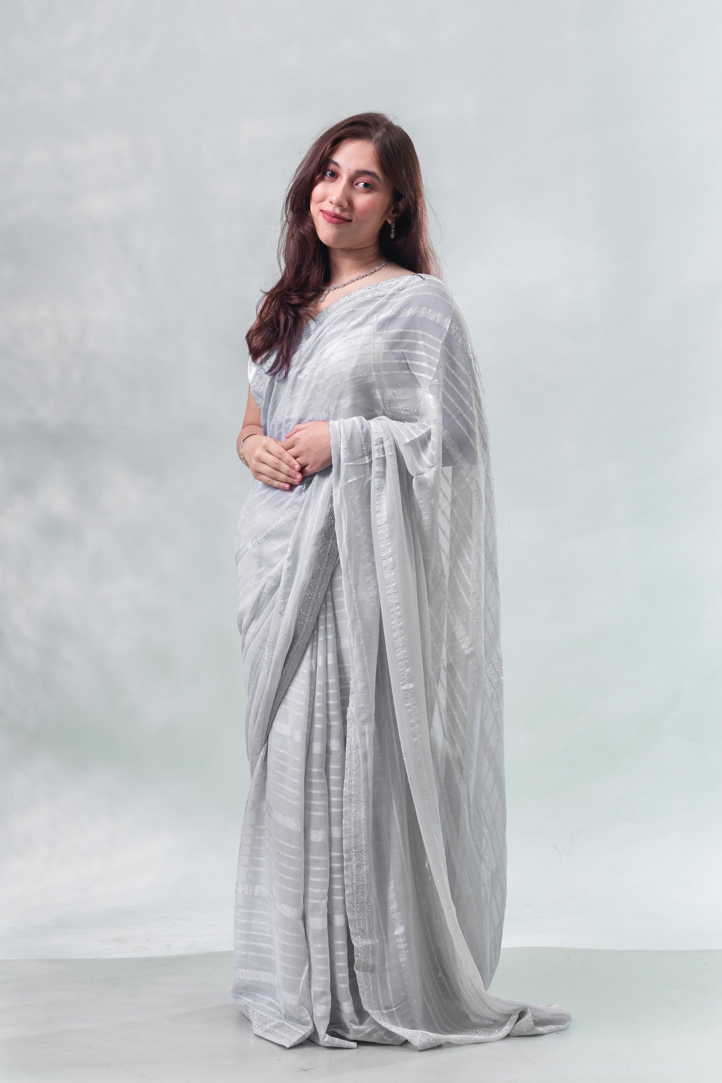 Cloud Grey Stone Embellished Fancy Georgette Saree with Blouse Piece