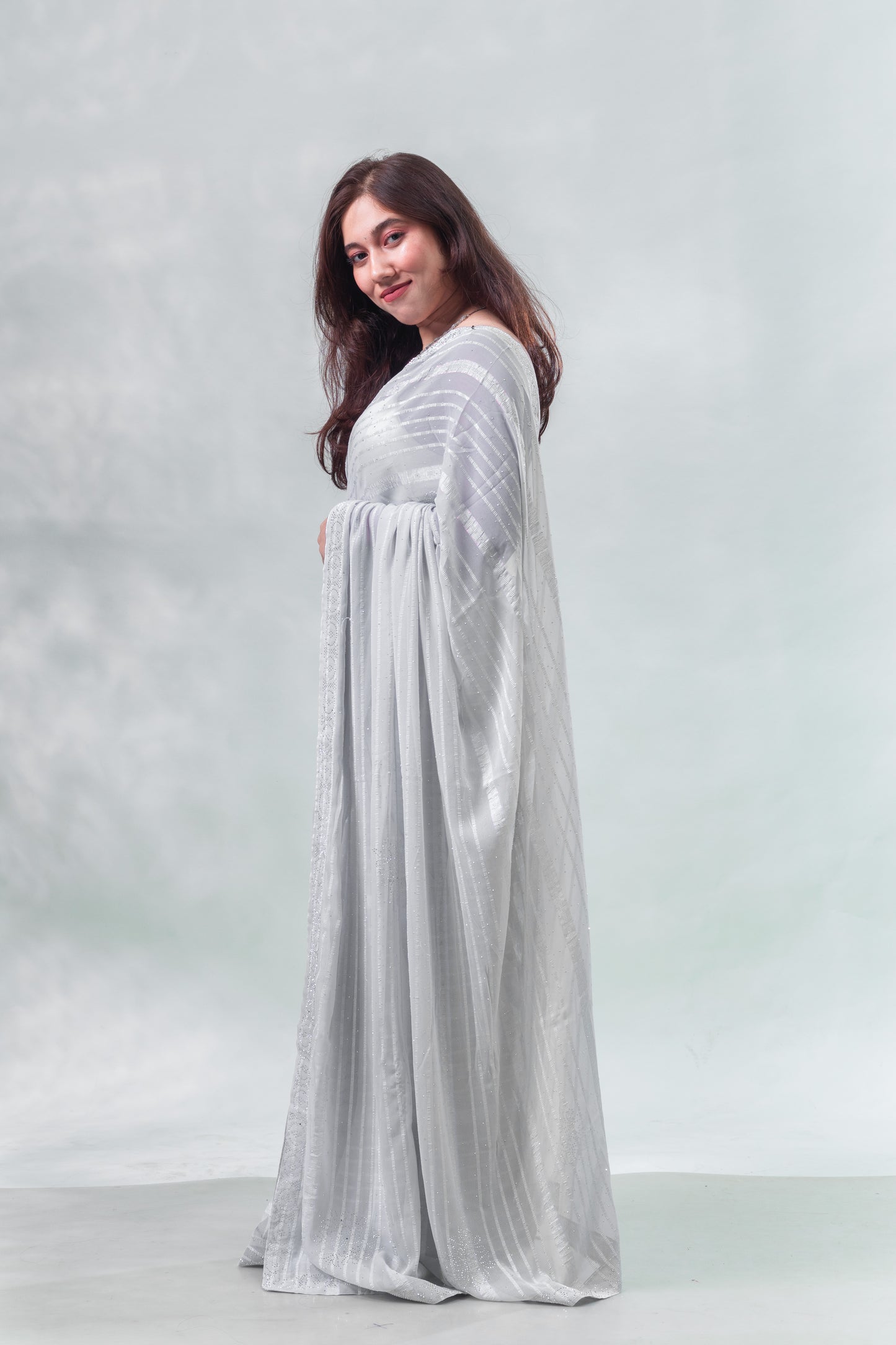 Cloud Grey Stone Embellished Fancy Georgette Saree with Blouse Piece