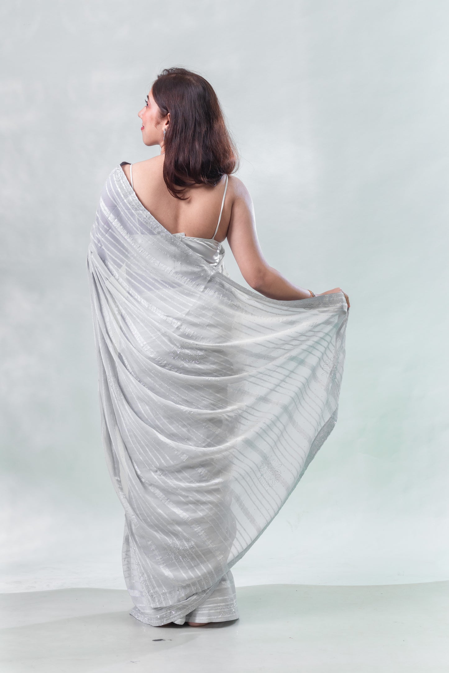 Cloud Grey Stone Embellished Fancy Georgette Saree with Blouse Piece