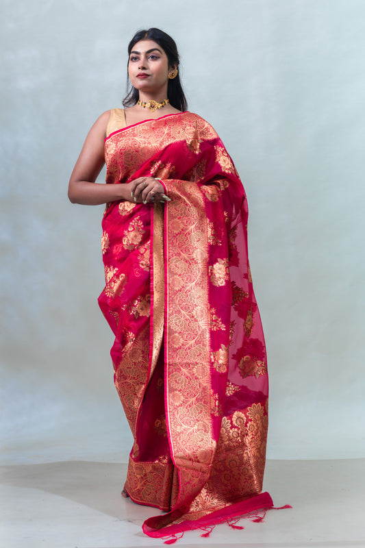 Pomegranate Pink Fancy Organza Silk Saree with Blouse Piece