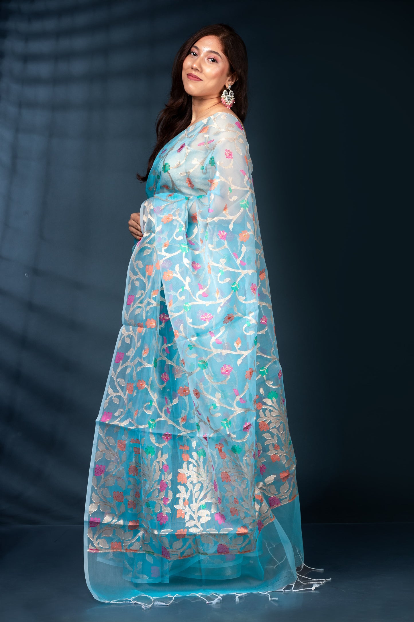 Cool Blue Pure Muslin Silk Saree with Blouse Piece