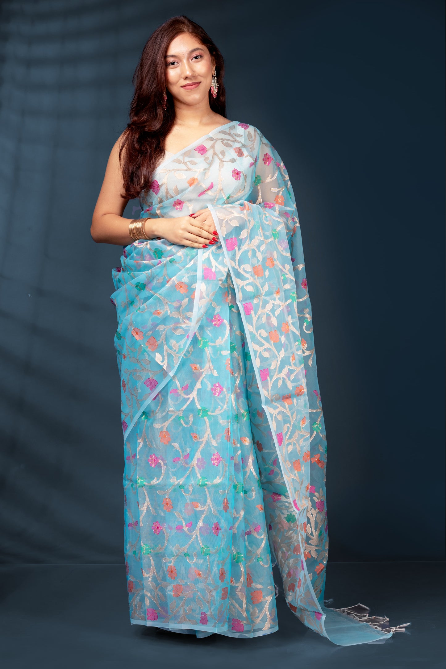 Cool Blue Pure Muslin Silk Saree with Blouse Piece