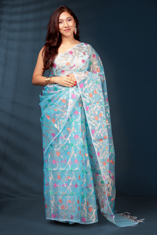 Cool Blue Pure Muslin Silk Saree with Blouse Piece