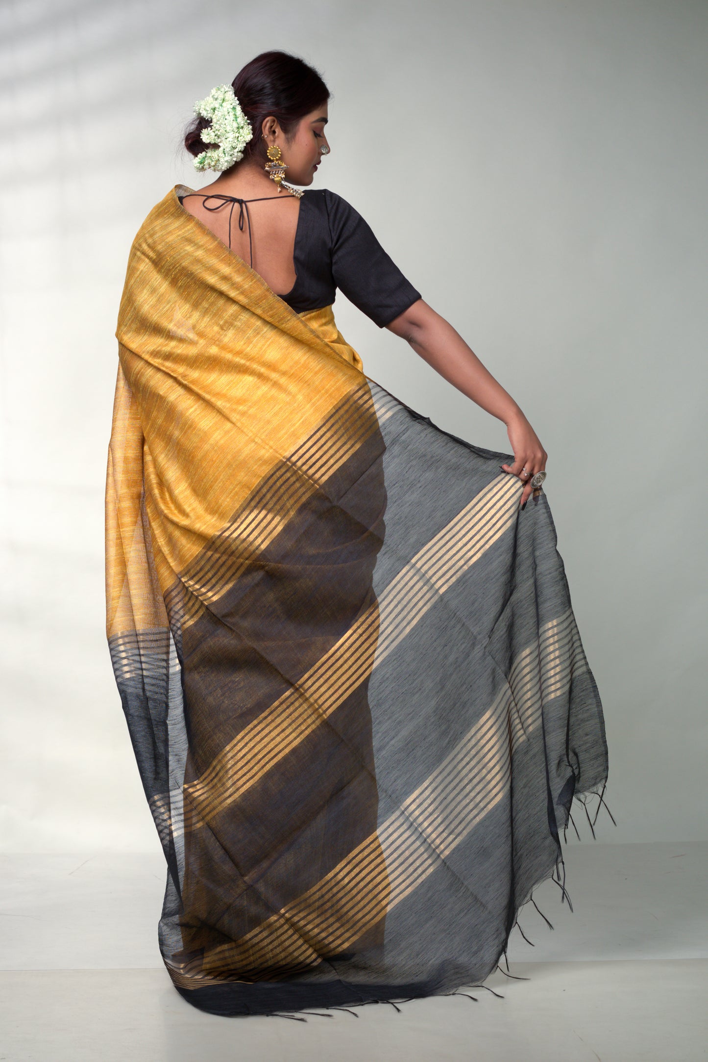 Golden and Black Pure Silk Saree with Blouse Piece
