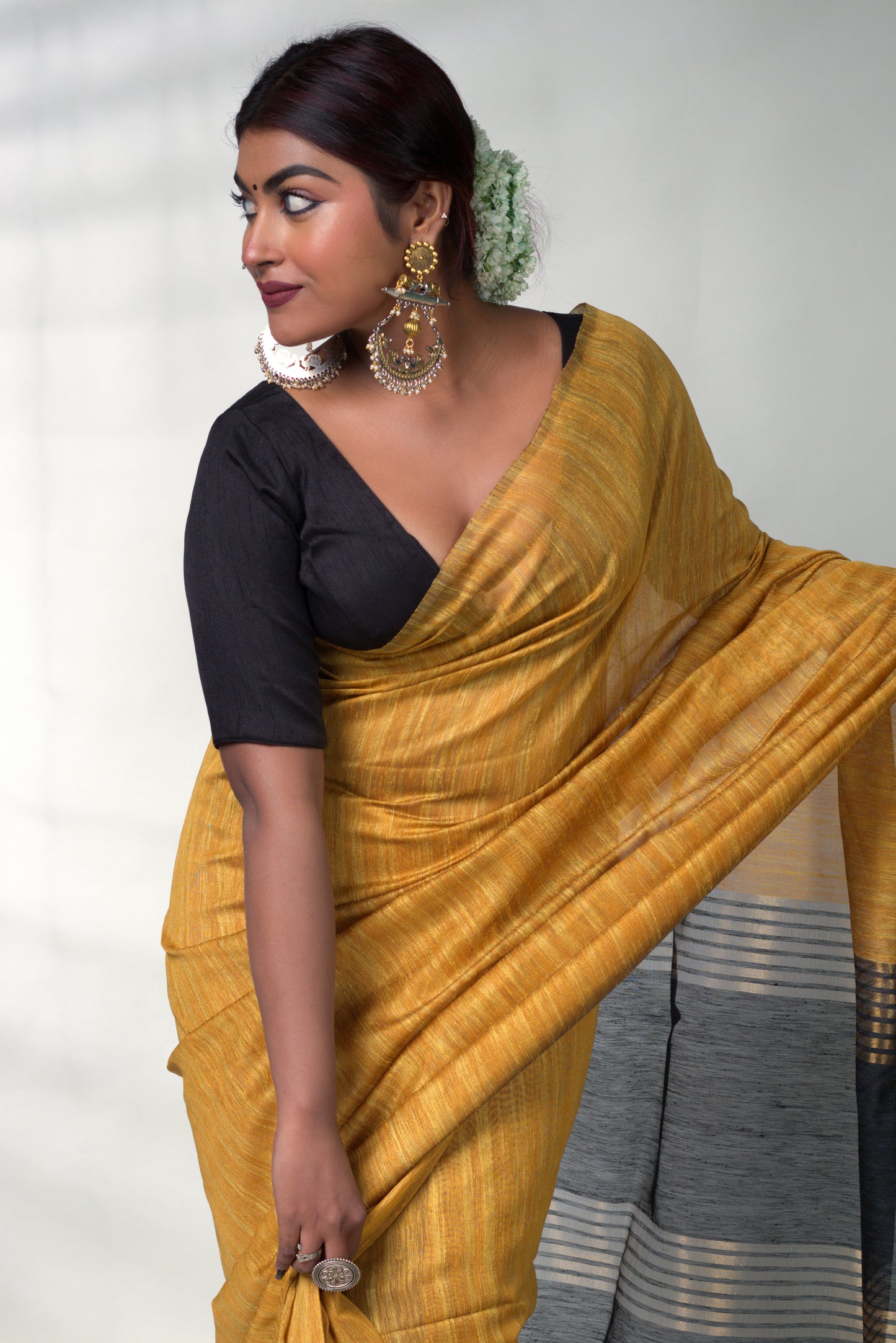 Golden and Black Pure Silk Saree with Blouse Piece