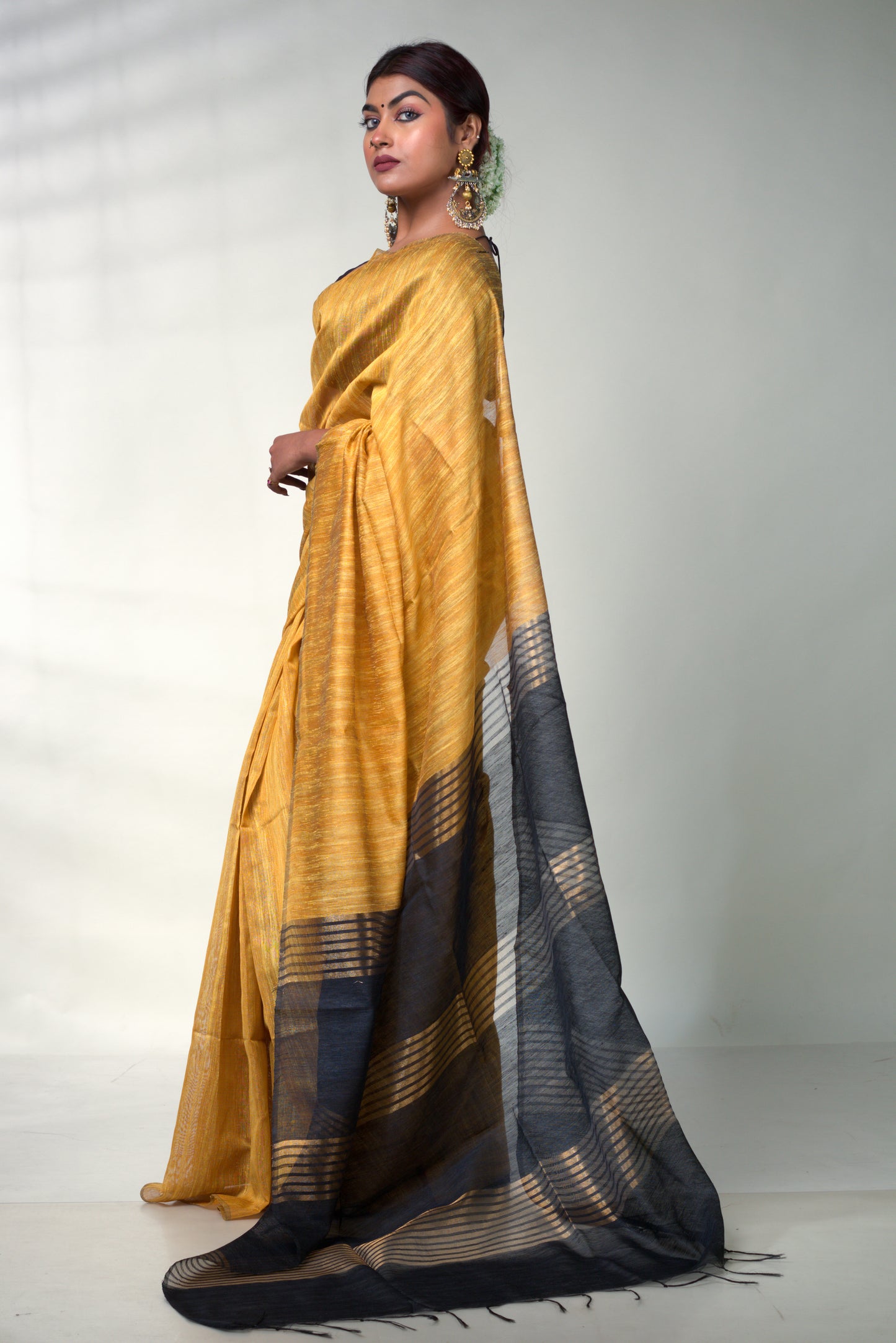 Golden and Black Pure Silk Saree with Blouse Piece